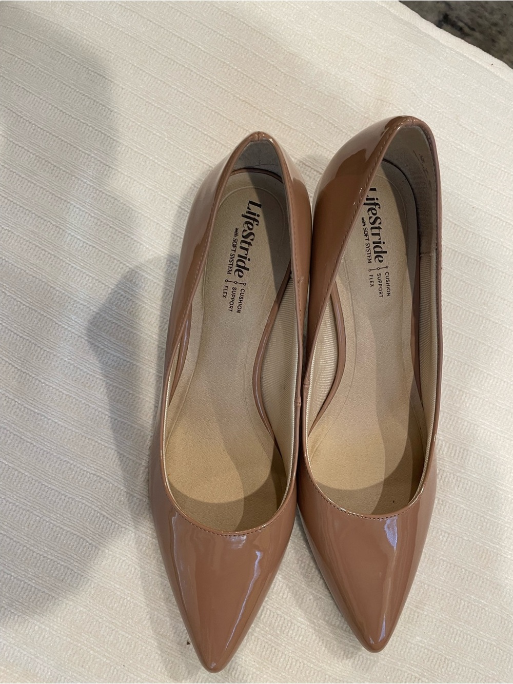 Life Stride Patent Pointed-Toe Flats in Taupe
